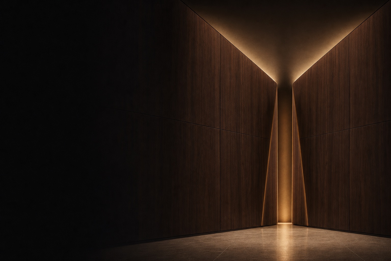 Dramatic walnut-paneled corridor with sculptural lighting