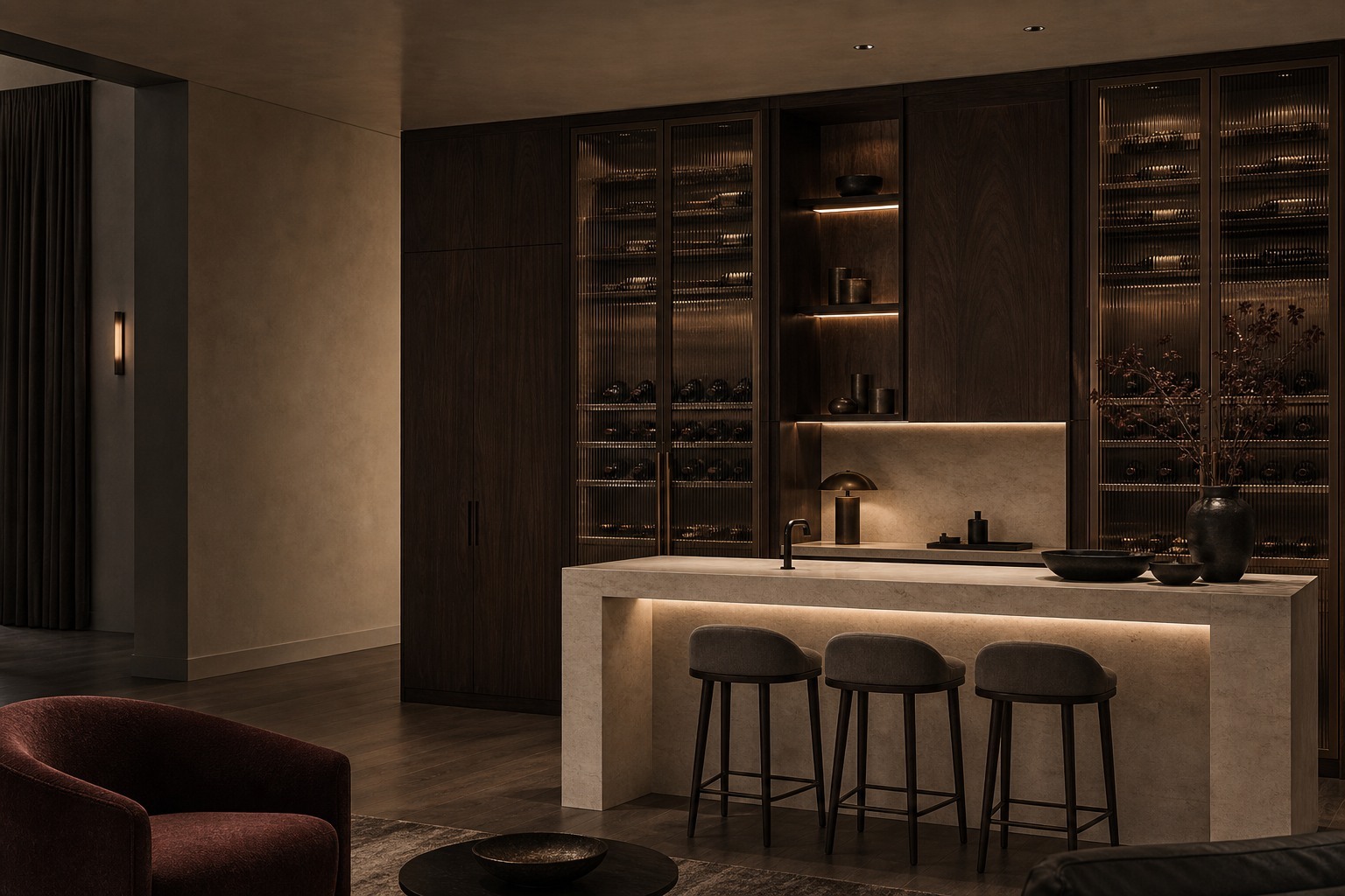 Walnut entertaining bar with illuminated wine display wall