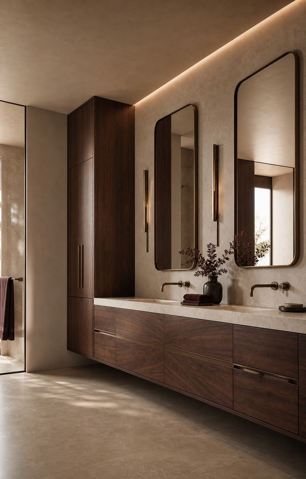 Floating walnut vanity with round bronze-framed mirrors and stone counter