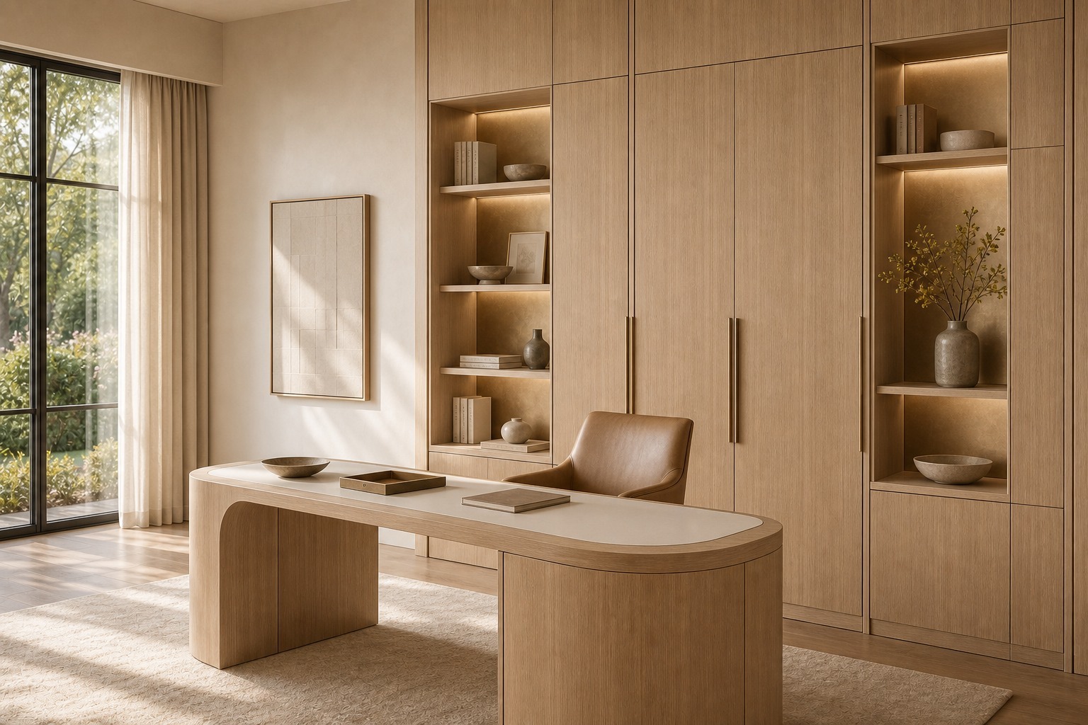 Light oak home office and library with sculptural desk