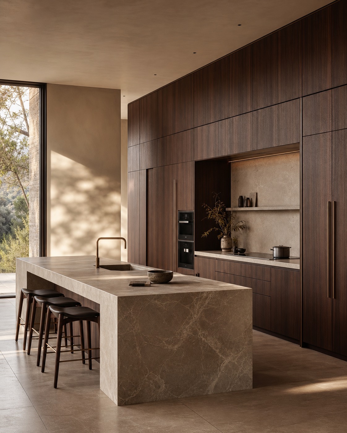 Walnut kitchen with sculptural stone island