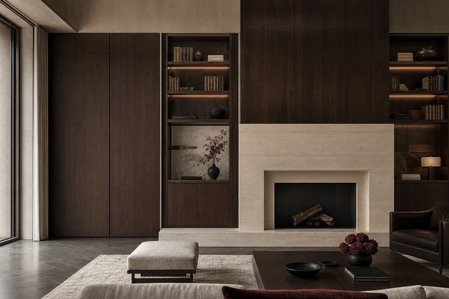 Dark walnut paneled library with fireplace and integrated shelf lighting