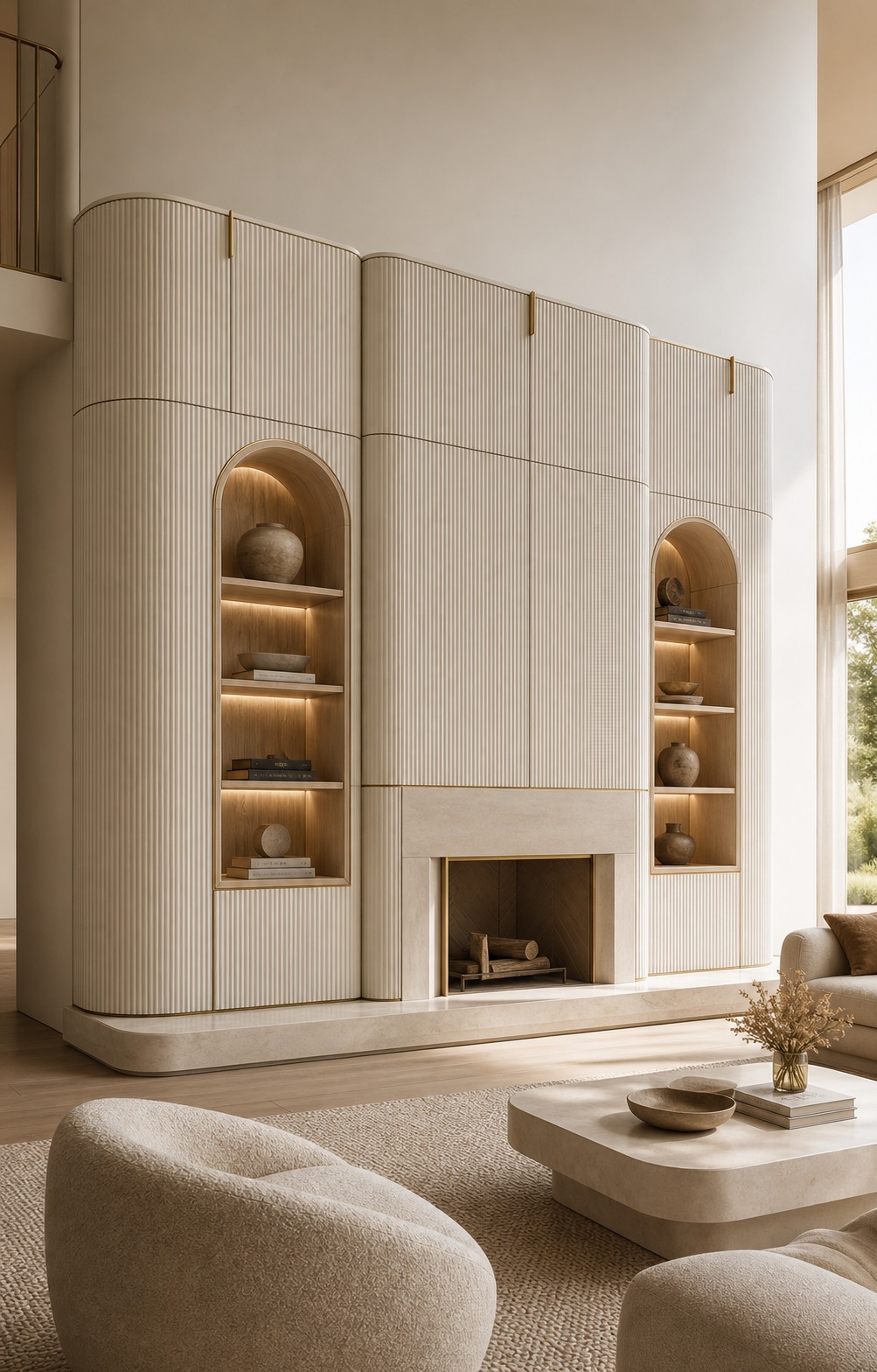 Fluted arched built-in shelving with integrated lighting around a fireplace